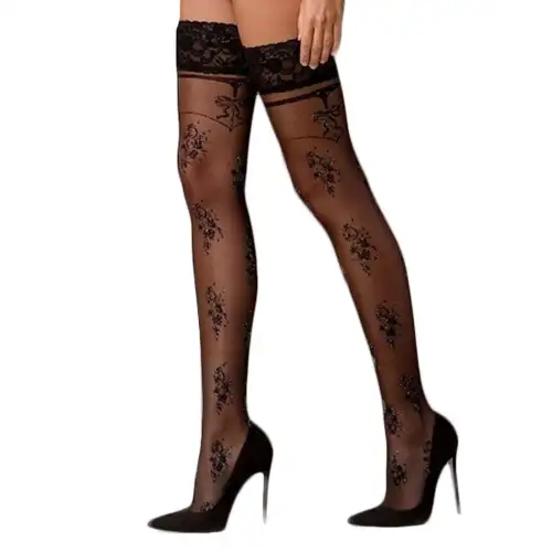 Чулки Passion ST119 3/4 черные, на ажурной силиконовой резинке, с цветочным декором и люрексовой нит photo 1