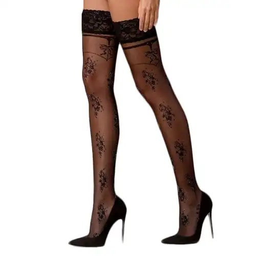 Чулки Passion ST119 5 черные, на ажурной силиконовой резинке, с цветочным декором и люрексовой нитью photo 1