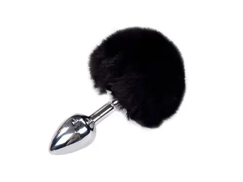 Металлическая анальная пробка Кроличий хвостик Alive Fluffy Plug S Black, диаметр 2,8 см photo 1