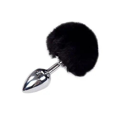 Металлическая анальная пробка Кроличий хвостик Alive Fluffy Plug M Black, диаметр 3,4 см photo 1