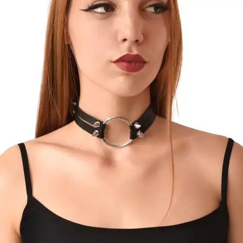 Чокер с металлическим кольцом и шипами из натуральной кожи Art of Sex - Ruby, цвет Черный photo 1