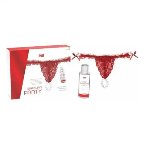 Набор Intt BRAZILIAN PANTY RED: трусики на завязках S-XL с жемчужным кольцом + клубничный лубрикант photo 1