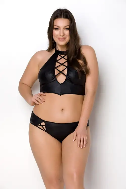 Комплект из экокожи Passion Nancy Bikini 6XL/7XL black, бра и трусики с имитацией шнуровки photo 1