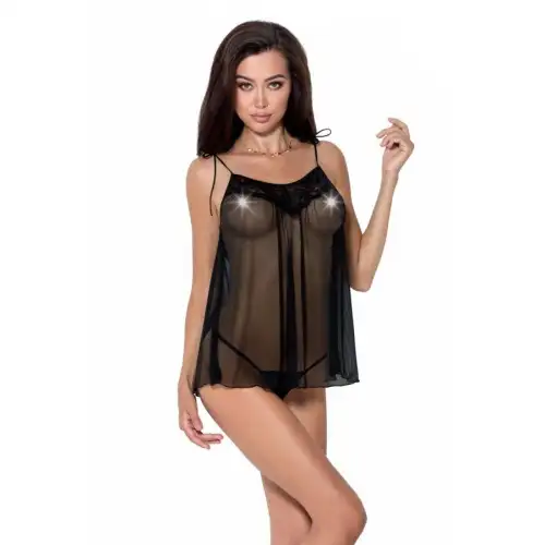 Сорочка прозрачная беби долл MELANIA CHEMISE black XXL/XXXL - Passion, трусики, на тонких бретелях photo 1
